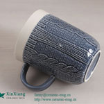 Relief big blue glazed ceramic coffee cups with handle