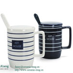 12oz Black high-gloss printed ceramic coffee mugs with lid and sppon