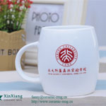 Promotional white barrel shaped ceramic coffee mugs with logo
