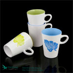 V Shape white printed promotional ceramic coffee mugs