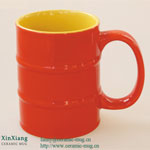 Red oil barrel shaped ceramic coffee mugs with logo