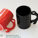Black embossed straight ceramic coffee mugs with wrench style handle