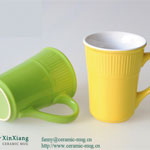 10oz Yellow wide mouth relief ceramic tea mugs
