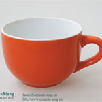 Red egg shaped ceramic soup mugs with logo