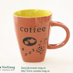 Brown relief yellow and pink glazed ceramic coffee mugs with spoon