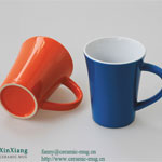 Blue shiny V-shaped ceramic coffee mugs with handle