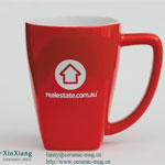 Red shiny wide mouth printed ceramic coffee mugs with logo