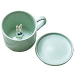 Custom Green 3D Rabbit animal Ceramic Coffee Mugs with lid cowboy celadon tea cups