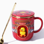 360ml Red Face Palace Museum ceramic mugs 3D duckling coffee cups with lid and spoon