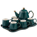 Wholesale nordic peacock green teacups and teapots  ceramic tea set with golden rim manufacturers