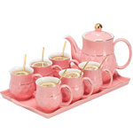 Wholesale diamonds pink ceramic teacups and teapots  ceramic tea set with golden rim manufacturers