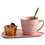 Pink ceramic coffee cup and saucer with logo Triangular plate ceramic mugs with golden rim and gold handle