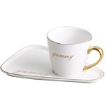 Custom white matte ceramic coffee cup and saucer with logo Triangular plate mug with golden rim and gold handle