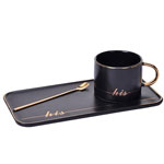 Black his ceramic coffee cup and saucer with logo Rectangular plate mug with golden rim and gold handle