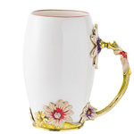 Reusable daisy ceramic enamel mugs with alloy handle white ceramic coffee mugs with petal shape handle
