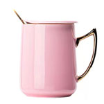 Suppliers pink creative ceramic mugs with crescent handle solid color ceramic tea cups with lid spoon
