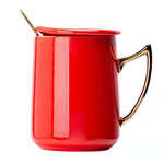 Manufacturers red creative ceramic mugs with crescent handle solid color ceramic coffee cups with lid spoon