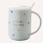 Cute cartoon literary type ceramic mugs with lid and spoon Printed coffee mugs with golden stars