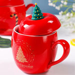 Stock red christmas ceramic mugs with lid Apple shape coffee mugs with christmas tree lid