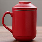 Custom 420ml plain red matte ceramic tea mugs with tea filter and lid manufacturers