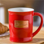 Custom starbucks 15oz red ceramic coffee mugs with copper logo Carved bronze Cups manufacturers