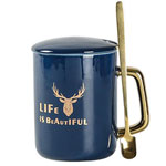 Custom royal blue straight ceramic coffee mugs with golden handle spoon lid suppliers