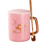 Pink straight ceramic coffee mugs with golden handle and lid ceramic mugs with gold elk logo