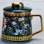 Custom green enamel ceramic tea mugs with tea filter and lid China retro dragon tea cups