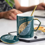 Retro european peacock green ceramic coffee mugs and saucer with lid and spoon golden rim leaf logo