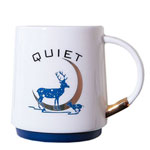 Custom quiet ceramic mugs with lid and spoon white body and blue bottom copper clad handle
