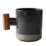 Wholesale korean stoneware ceramic coffee mugs black and grey glazed with wooden handle
