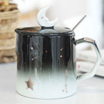 Custom korean starry sky ceramic mugs with moon lid and spoon coffee mugs with transition glaze
