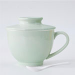 Custom green stoneware ceramic breakfast mugs with lid and spoon 16oz ceramic milk mugs