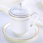 Custom luxury ceramic tea mugs and plate with lid and golden rim Ceramic business mugs