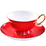Custom color glazed red ceramic coffee mug and saucer with golden rim european luxury coffee cup set