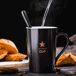 Promotional 400ml ceramic coffee mugs with lid and spoon Black color glazed tall cups