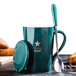 Custom 400ml ceramic coffee mugs with lid and spoon Green tall ceramic cups with logo