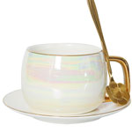 Manufacturers pearl glaze ceramic coffee mugs with golden handle pearl glazed saucer