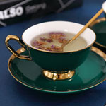 Custom green european luxury ceramic mug and saucer Jar tea cup with golden rim