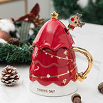 Wholesale red ceramic christmas mugs christmas tree shape mugs with lid spoon