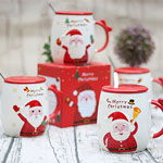 Custom red jar ceramic mugs with bowknot handle Christmas coffee mugs with lid
